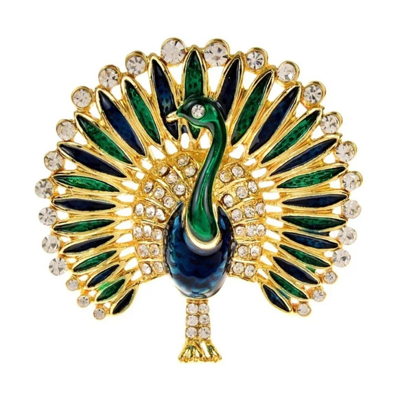 Unbranded Jewelry - Gold Tone Enamel Peacock Brooch with Rhinestones Pin